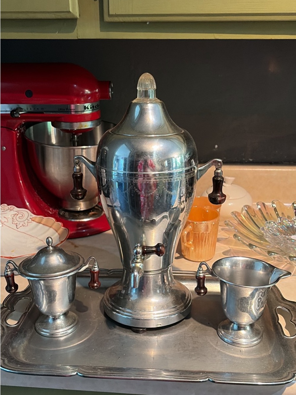 Vintage Silver Plated Coffee/Tea Server Set with Tray and Wood Handles